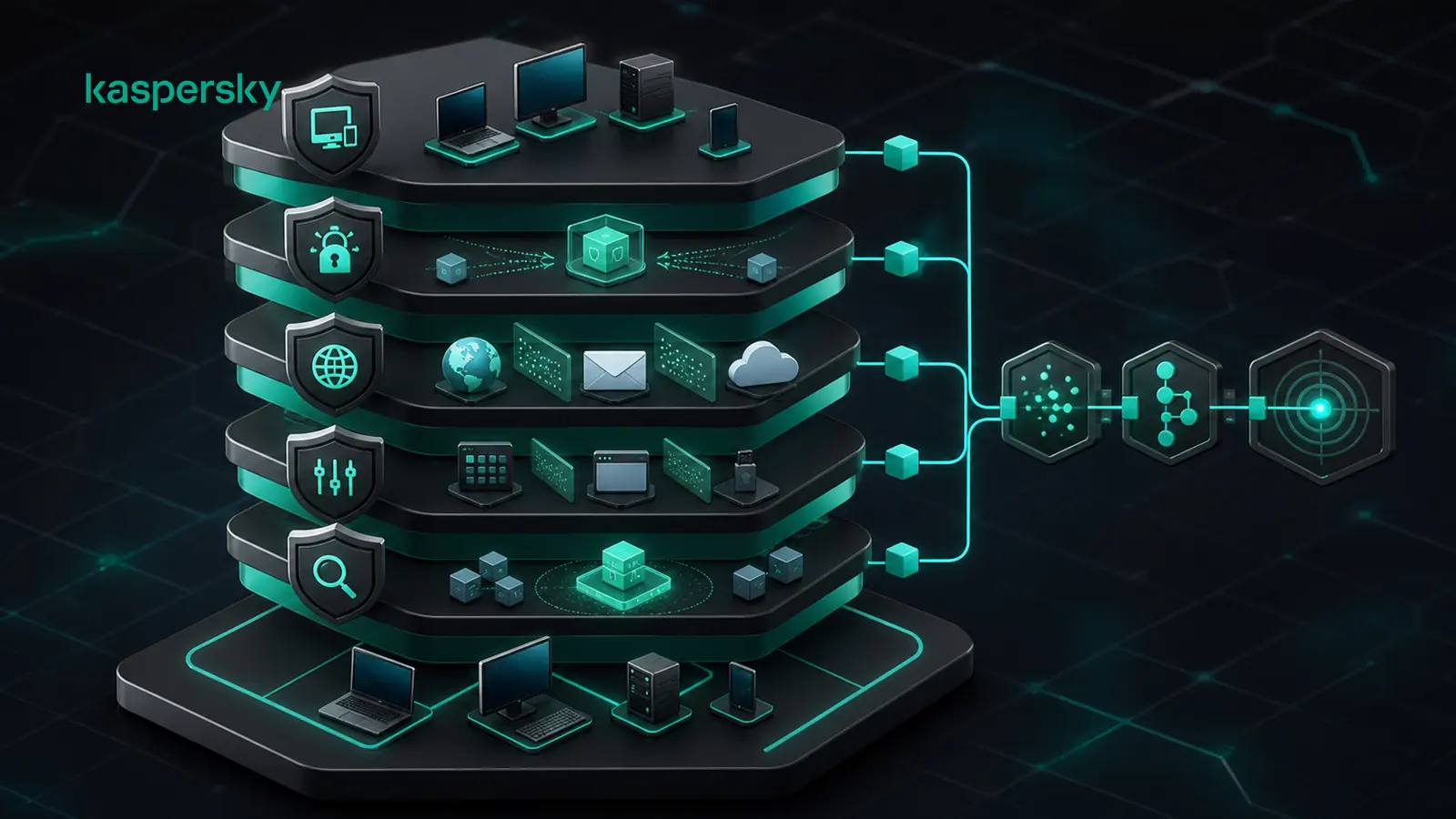 لایه‌های Kaspersky Next EDR Foundations شامل Endpoint Protection، کنترل‌ها و Root Cause Analysis