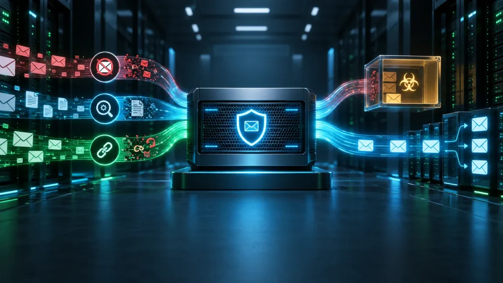 معماری امنیت ایمیل Symantec Messaging Gateway با لایه‌های کنترل Spam، پیوست، URL و قرنطینه